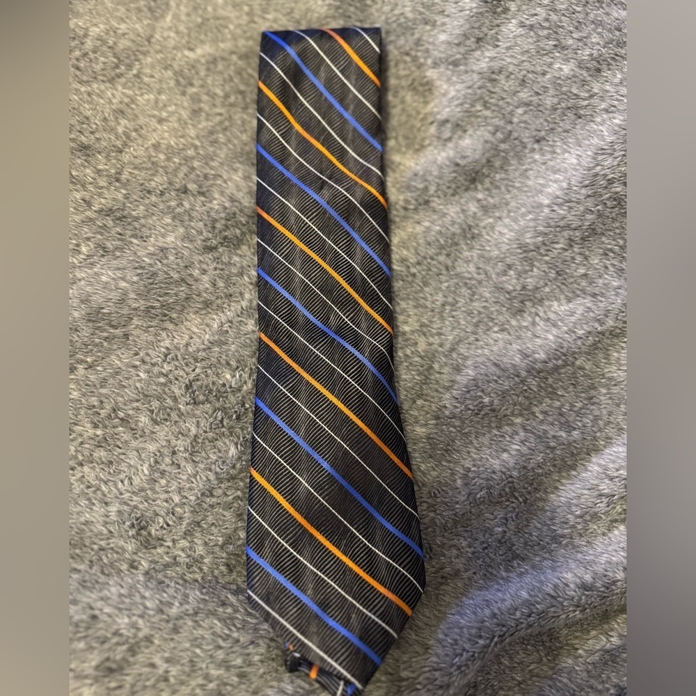 XMI Platinum 100% Silk Striped Black Tie with Orange and Blue Accents